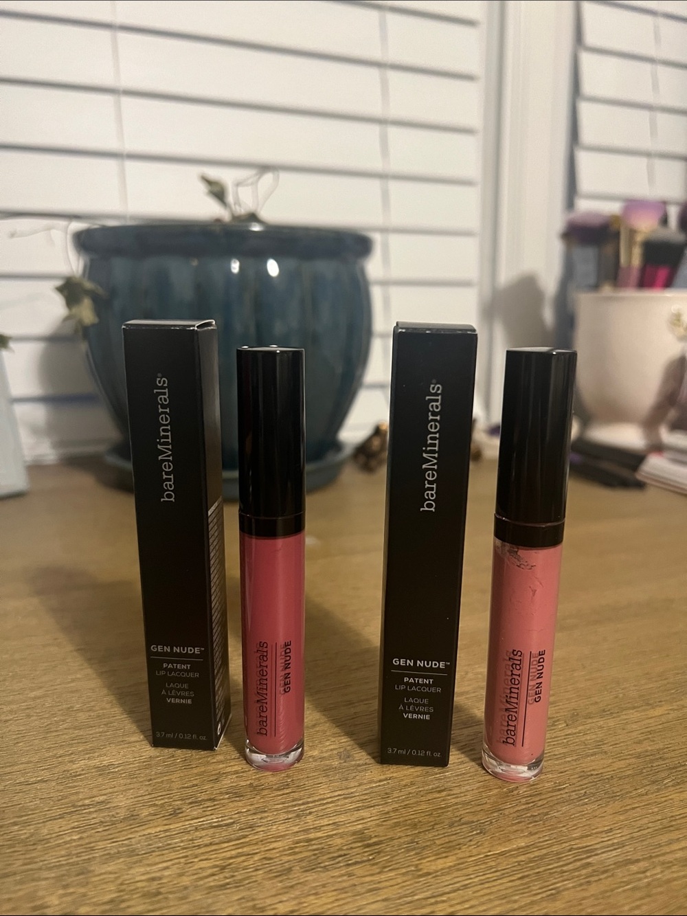 NIB bareMinerals Gen Nude Patent Lip Lacquer Duo in Pout and Beautimus